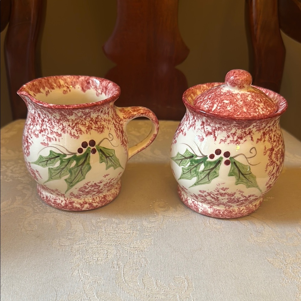 Molly Dallas Spatter Ware holiday creamer and sugar set with holly berries